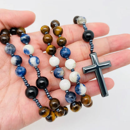 Tiger' Eye Blue-Vein Stone Beaded Necklace Cross Pendant -Cs