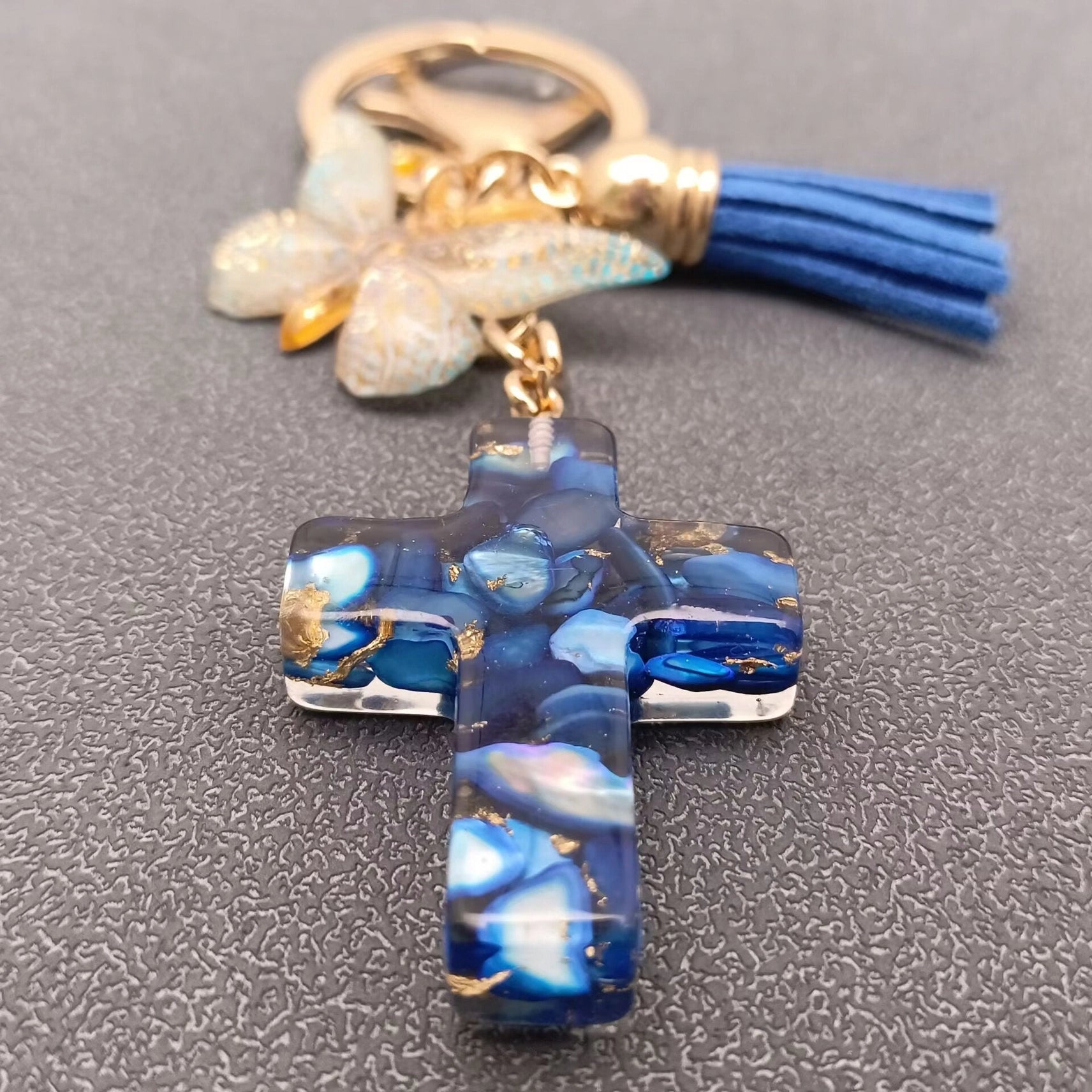 Resin Cross Butterfly Charm Tassel Keychain Bag Ornaments Assorted Colors