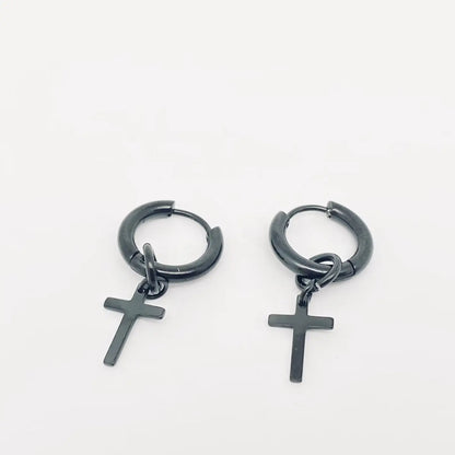 Stainless Steel Cross Charm Hoop Earrings