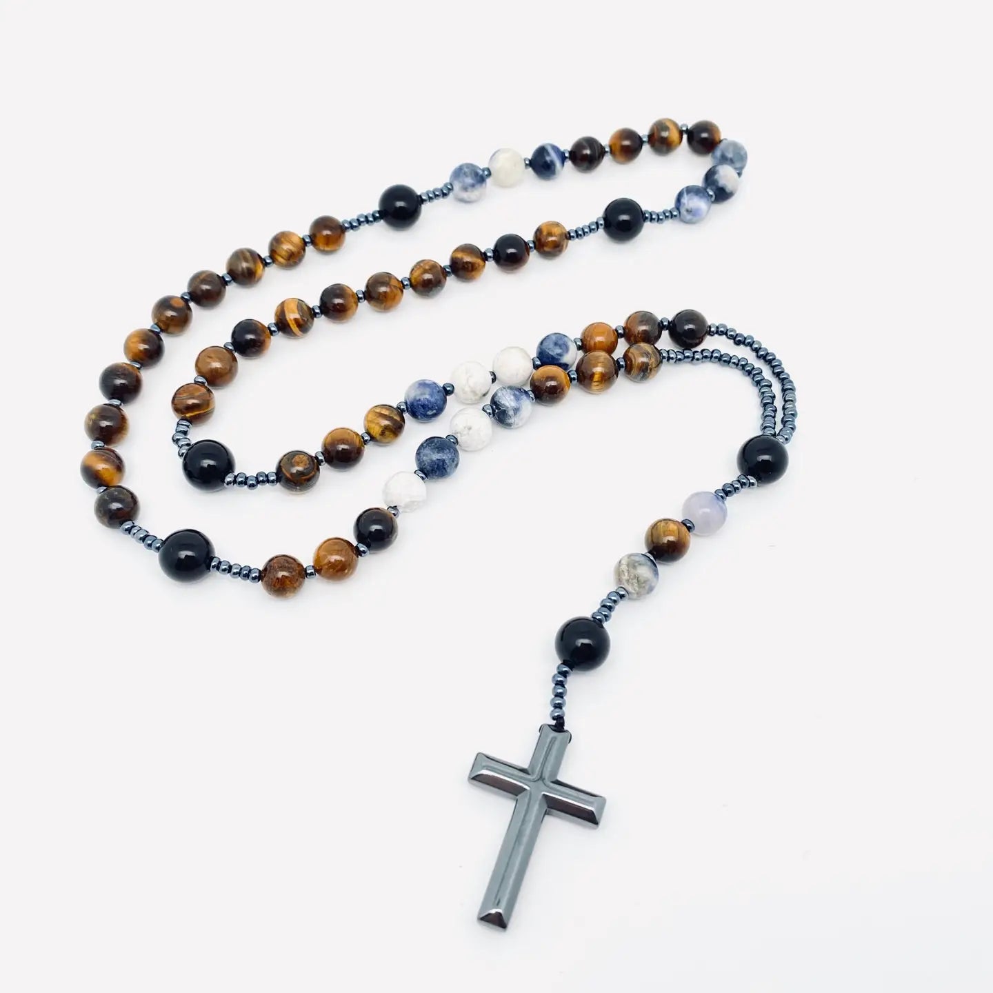 Tiger' Eye Blue-Vein Stone Beaded Necklace Cross Pendant -Cs