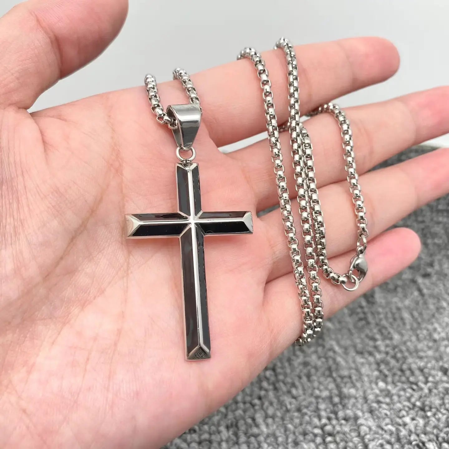 Enamel Beveled Cross Stainless Steel Necklace Black