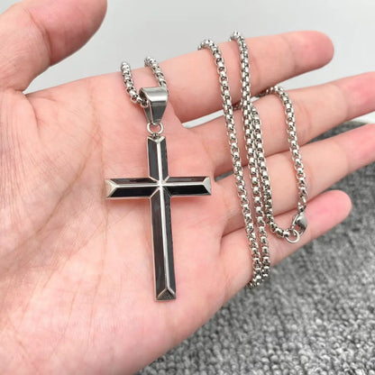 Enamel Beveled Cross Stainless Steel Necklace Black