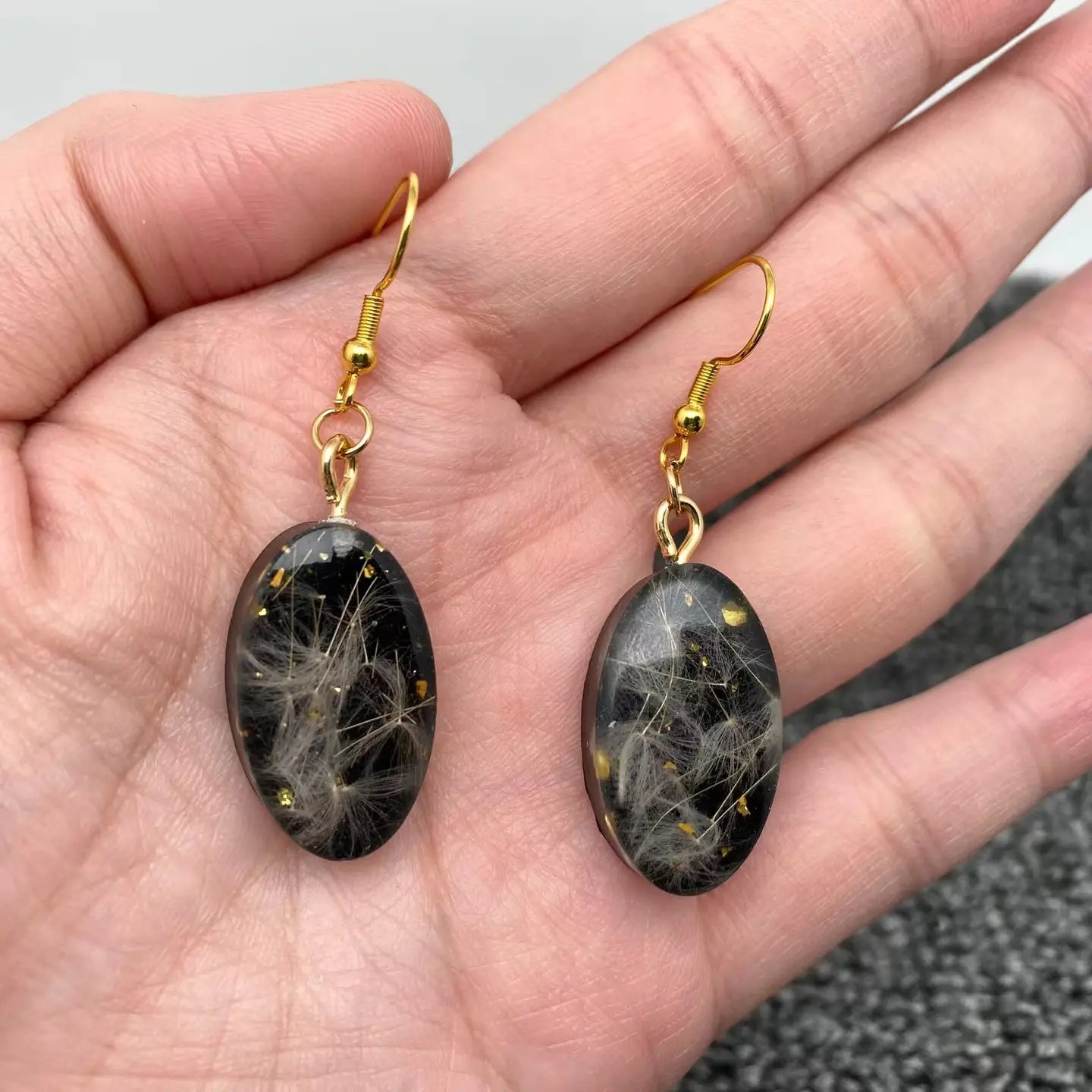 Dry Dandelion Black Oval Dangle Earrings