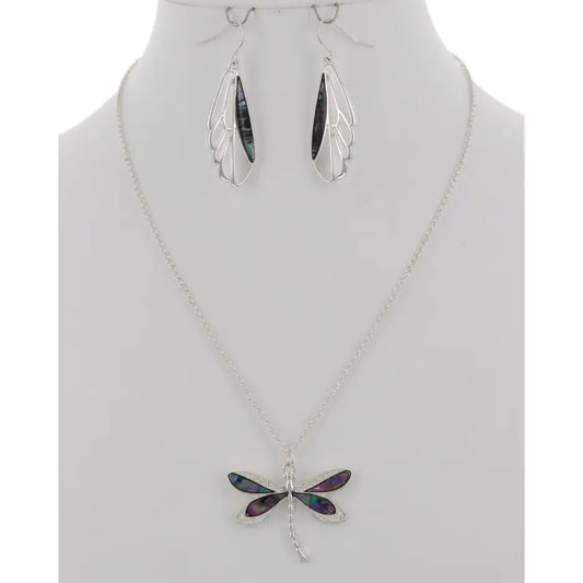 Abalone Dragonfly & Wings Necklace Set