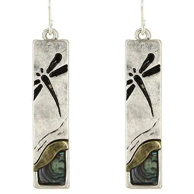 Worn Silver Abalone Dragonfly Rectangle Earrings