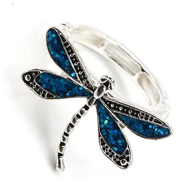 Glitter Blue Dragonfly Metal Stretch Ring