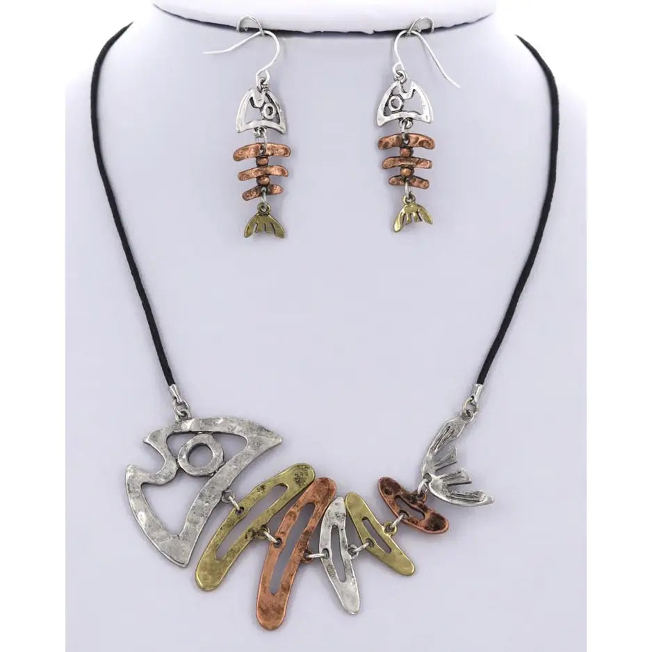 Silver Multi-Colored Fish Bone Pendant Cord Set