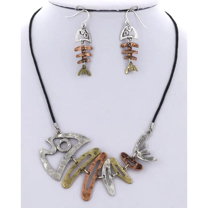 Silver Multi-Colored Fish Bone Pendant Cord Set