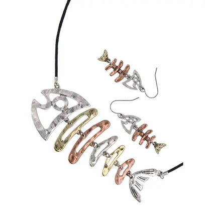 Silver Multi-Colored Fish Bone Pendant Cord Set
