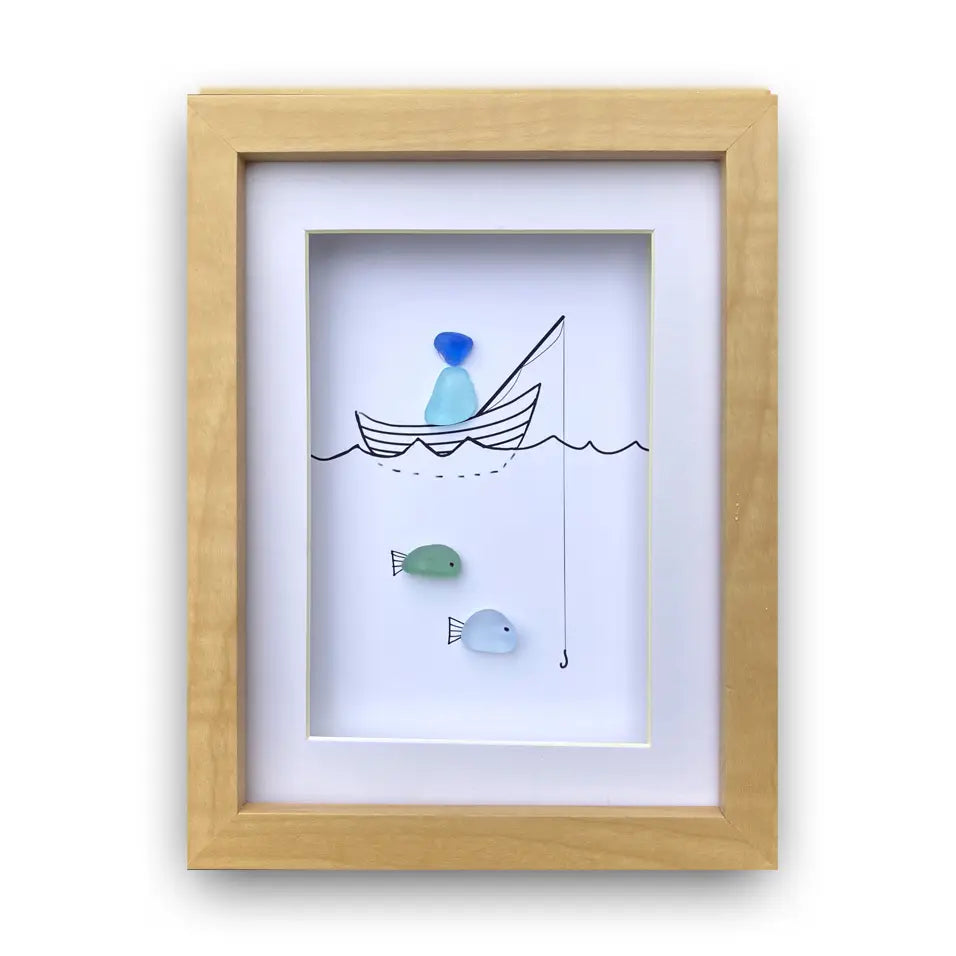 Fishing Sea Glass Art in Frame