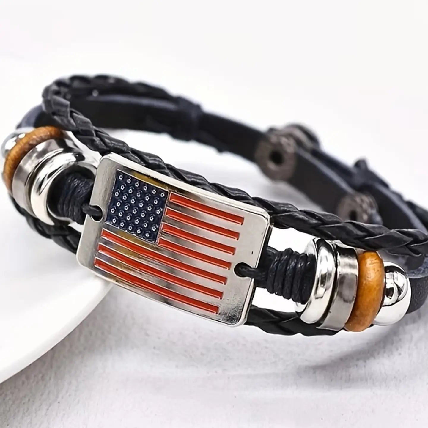 USA Flag Braided Leather Bracelet Perfect For Women or Men