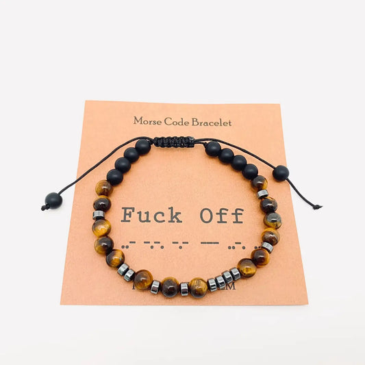 Morse Code Tiger's Eye Frosted Stone Beaded Stretch Bracelet