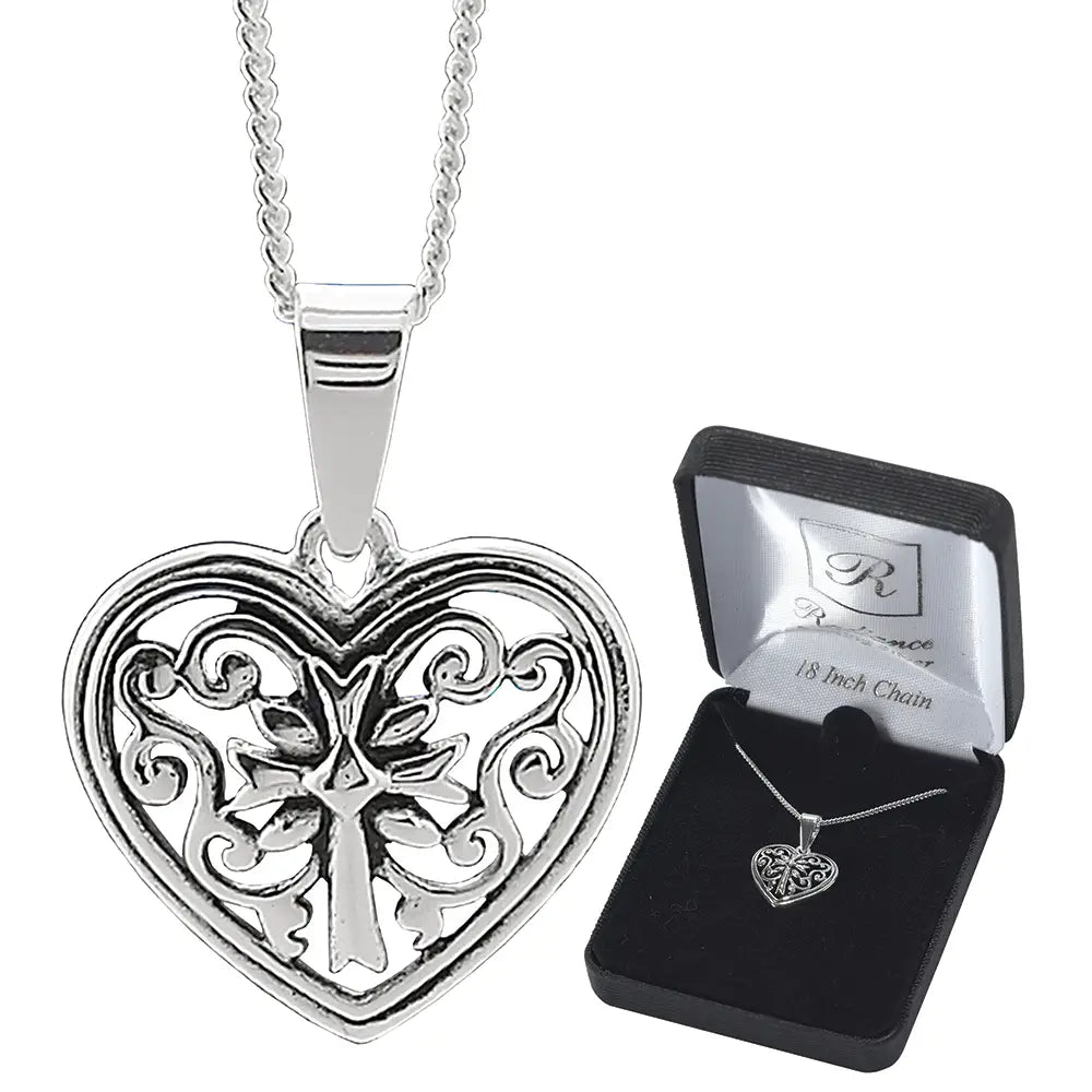 Sterling Silver Filigree Heart/Cross 18" Deluxe Box