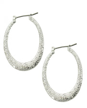 All Silver Filigree Oval Metal Hoop Earrings