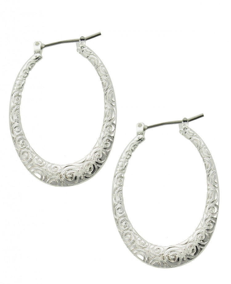 All Silver Filigree Oval Metal Hoop Earrings