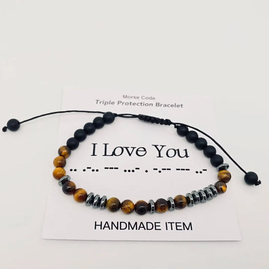 Morse Code 6mm Tiger's Eye Stone Beads Stretchable Bracelet