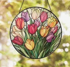 Colorful Tulips Glass Suncatcher 6"