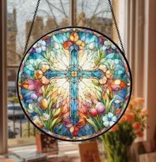 Stained Glass Cross and Wildflowers 6"