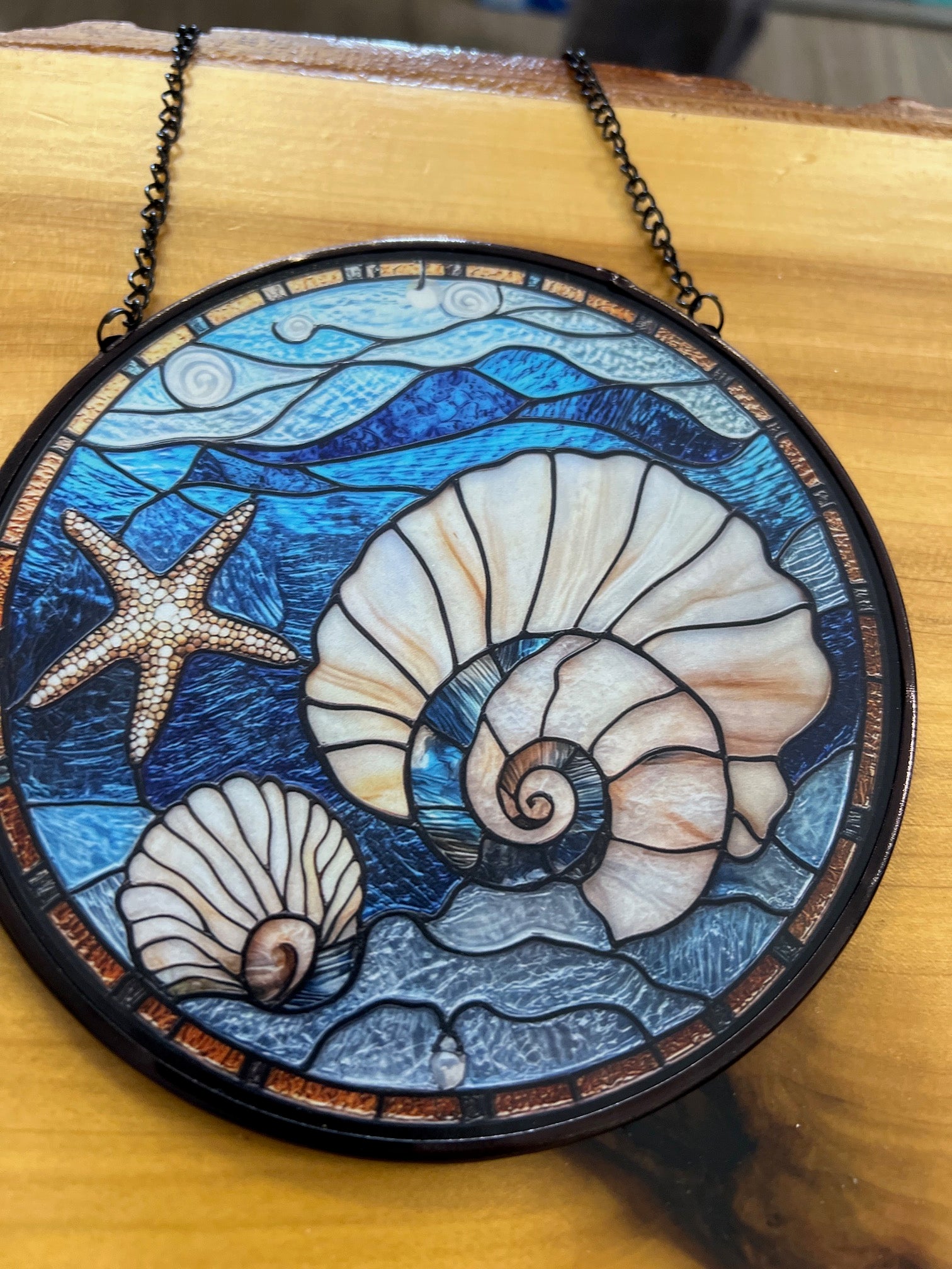 Seashell Stained Glass Suncatcher, Ocean 6"