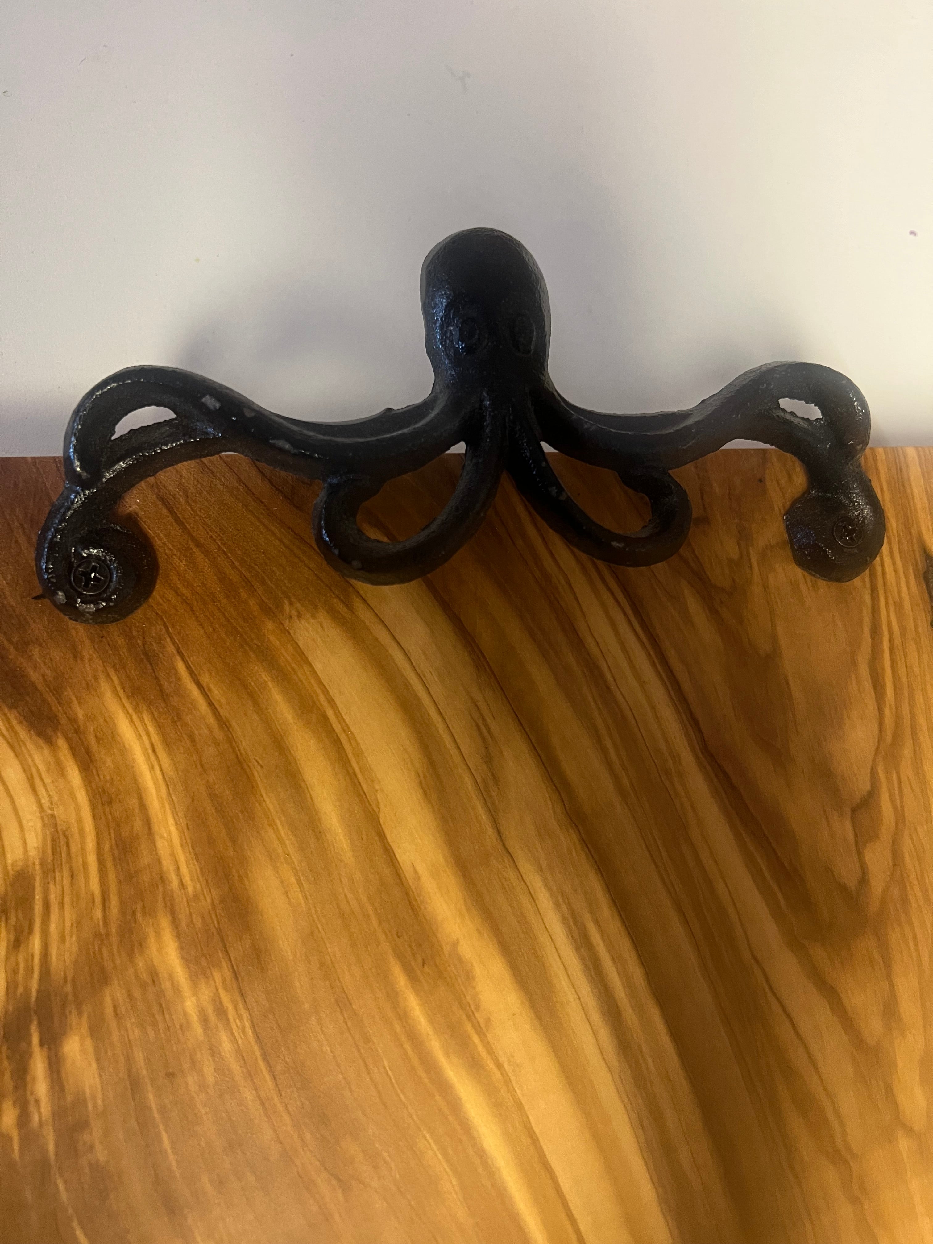 18" Octopus Handle Rustic Handmade Olive Wood Bark Edge Charcuterie Board