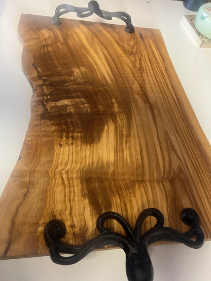 18" Octopus Handle Rustic Handmade Olive Wood Bark Edge Charcuterie Board