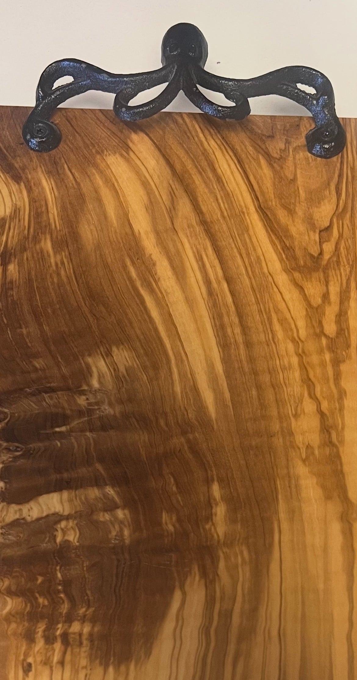 18" Octopus Handle Rustic Handmade Olive Wood Bark Edge Charcuterie Board