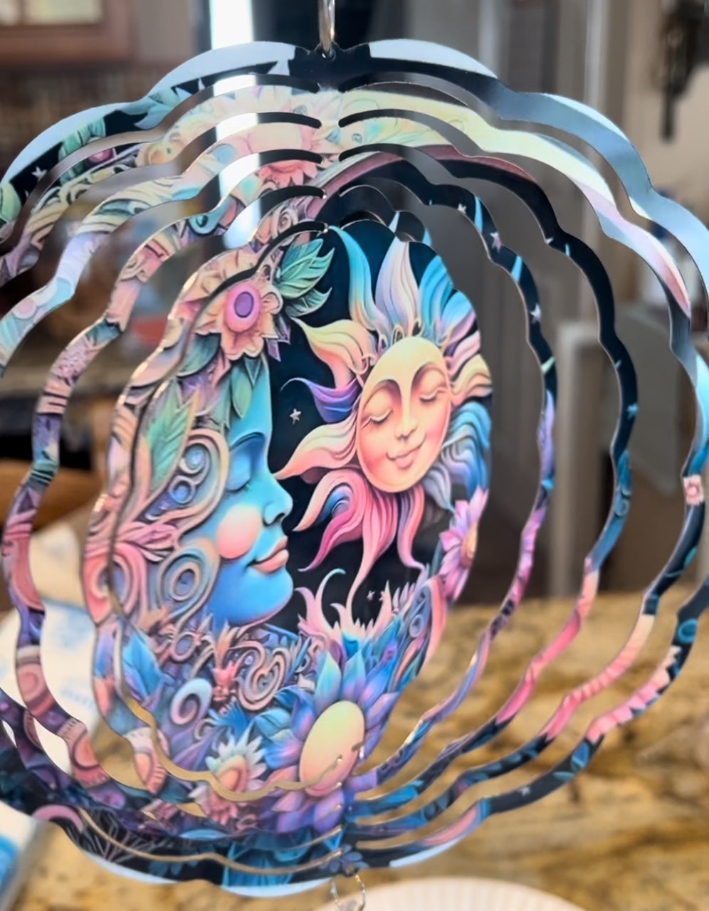8" Colorful Sun & Moon Wind Spinner Yard Decor with Vibrant Colors & Crystal Accent