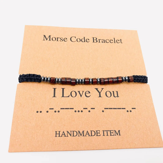 Multi-Style Hand-Woven Wood Bead Morse Code Bracelet - I love You