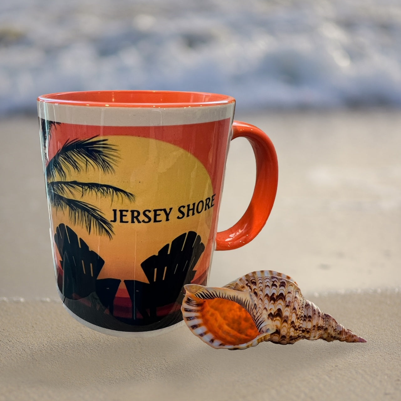 11oz White/Orange New Jersey Mug with Adirondack Chairs, NJ Mug Gift