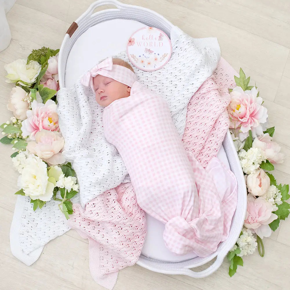 Newborn Baby Gift Set Cotton Hello World - Pink Gingham