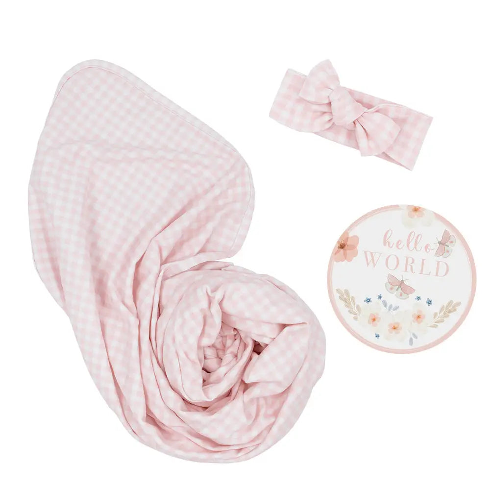 Newborn Baby Gift Set Cotton Hello World - Pink Gingham