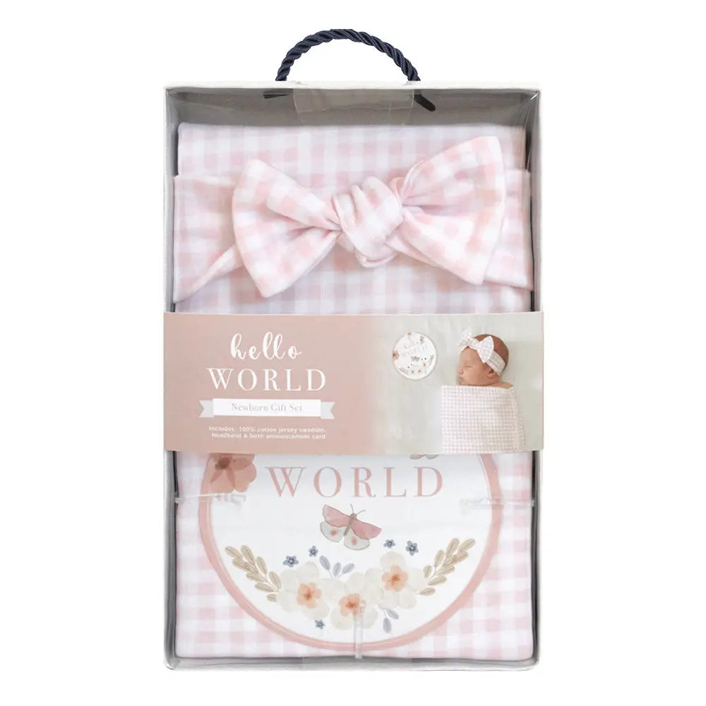 Newborn Baby Gift Set Cotton Hello World - Pink Gingham