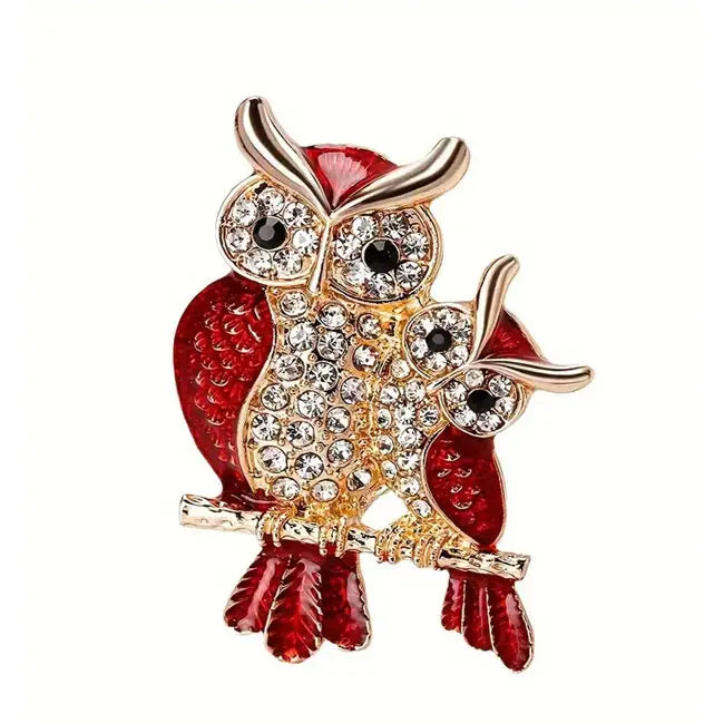 Mom & Baby Red and Gold Crystal Owl Pair Brooch Pin