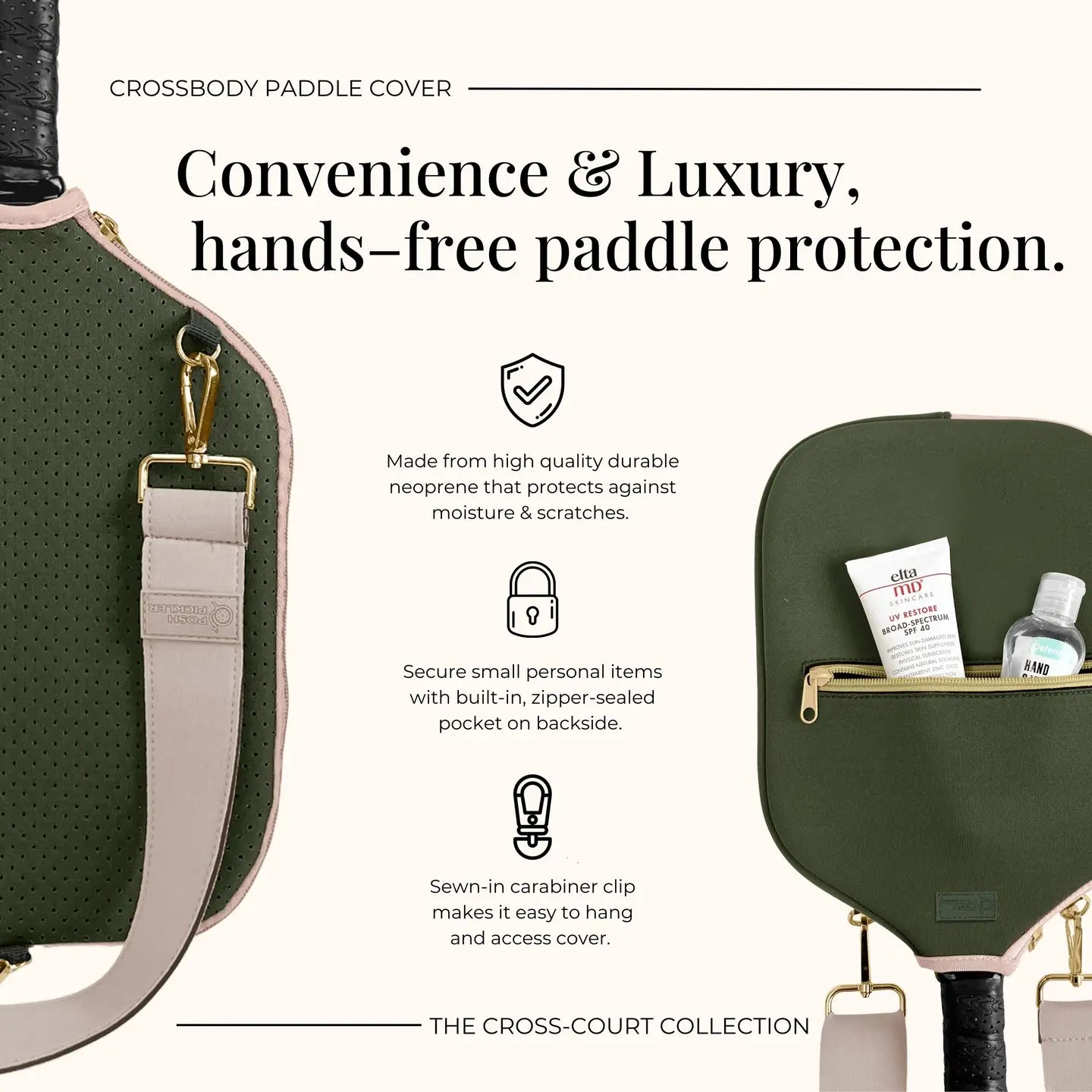 Pickleball Paddle Cover w/ Strap, Storage & Clip- Green