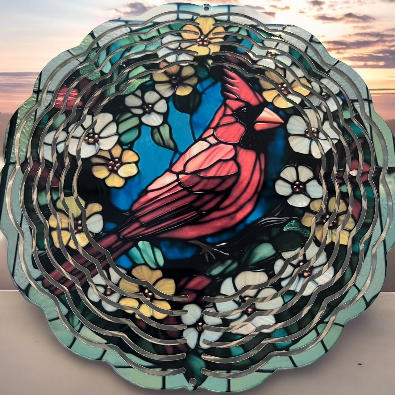 8" Colorful Cardinal Wind Spinner Yard Decor with Vibrant Colors & Crystal Accent
