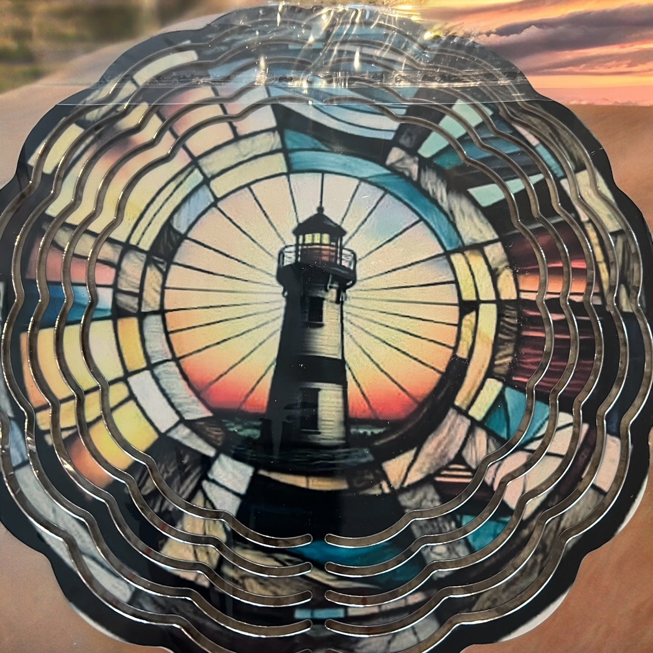 8" Colorful Lighthouse Wind Spinner Yard Decor with Vibrant Colors & Crystal Accent