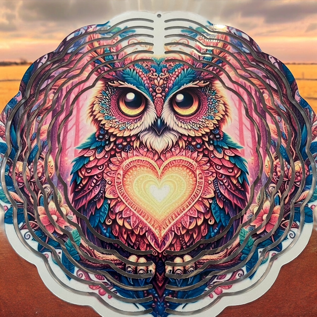 8" Colorful Pink & Blue Owl w/Heart Wind Spinner Yard Decor with Vibrant Colors & Crystal Accent