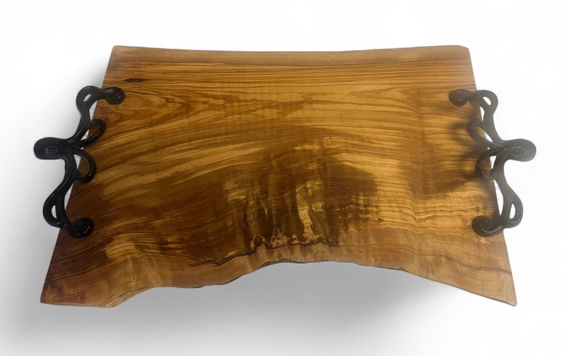 18" Octopus Handle Rustic Handmade Olive Wood Bark Edge Charcuterie Board