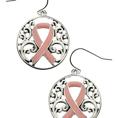 Pink Ribbon Filigree Cut Out Metal Round Earrings