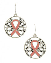 Pink Ribbon Filigree Cut Out Metal Round Earrings