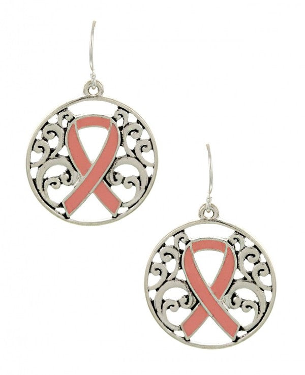 Pink Ribbon Filigree Cut Out Metal Round Earrings