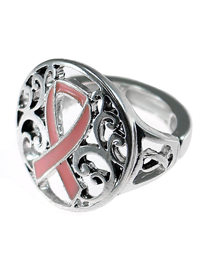 Filigree Pink Ribbon Metal Stretch Ring