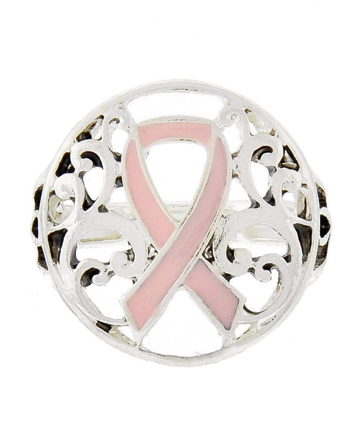 Filigree Pink Ribbon Metal Stretch Ring