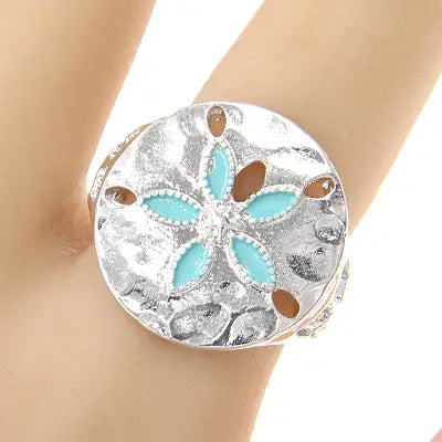 Turquoise Sand Dollar, Hammered Stretch Ring