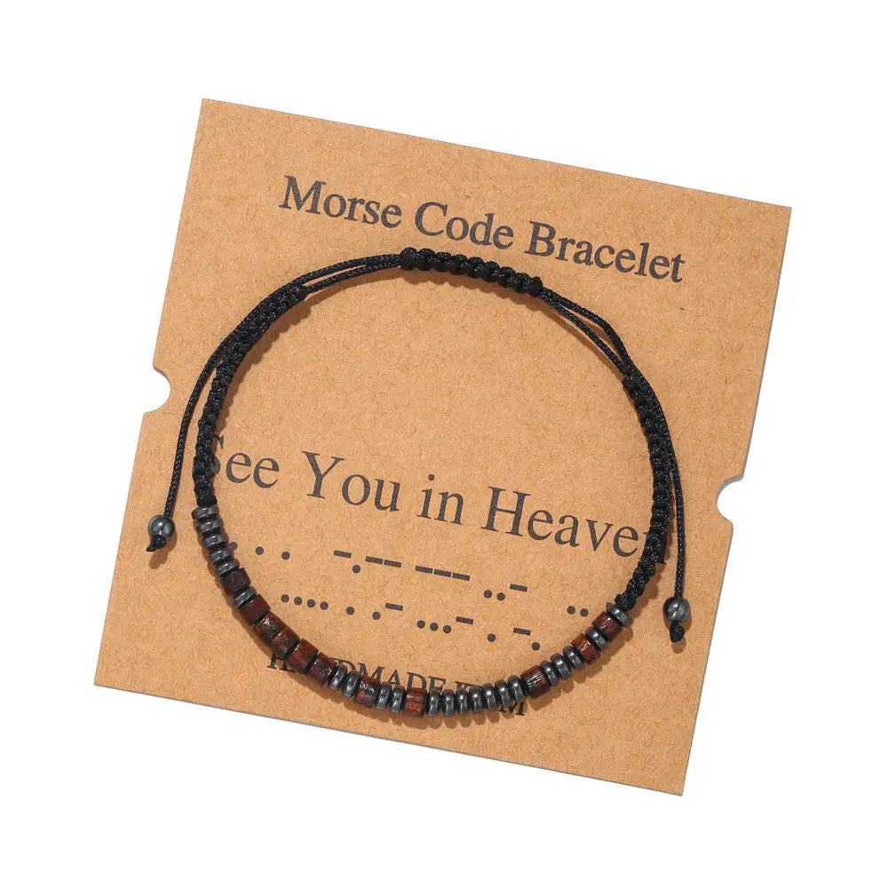 Multi-Style Hand-Woven Wood Bead Morse Code Bracelet - See you in Heaven