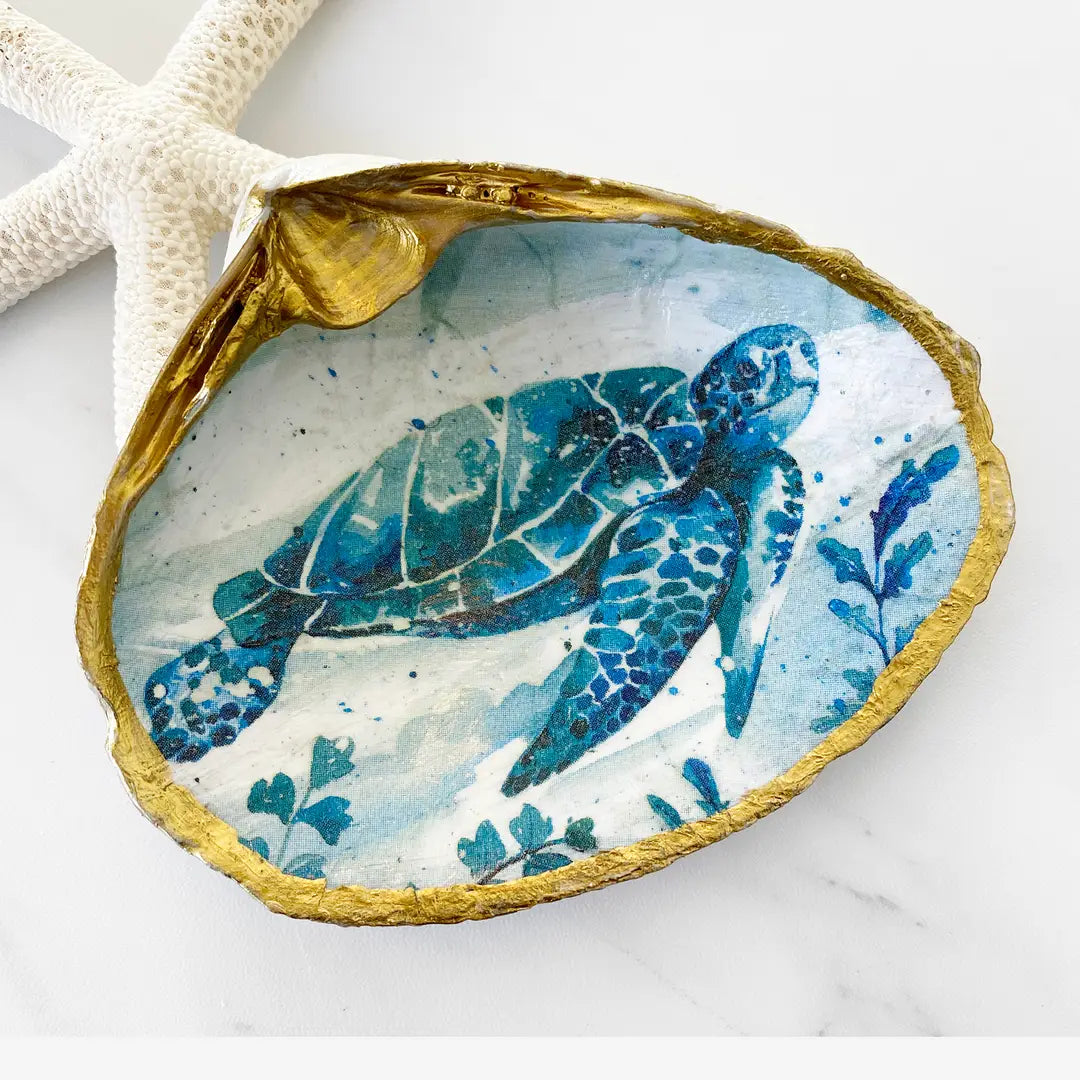 Sea Turtle Decoupage Clam Shell Trinket Dish