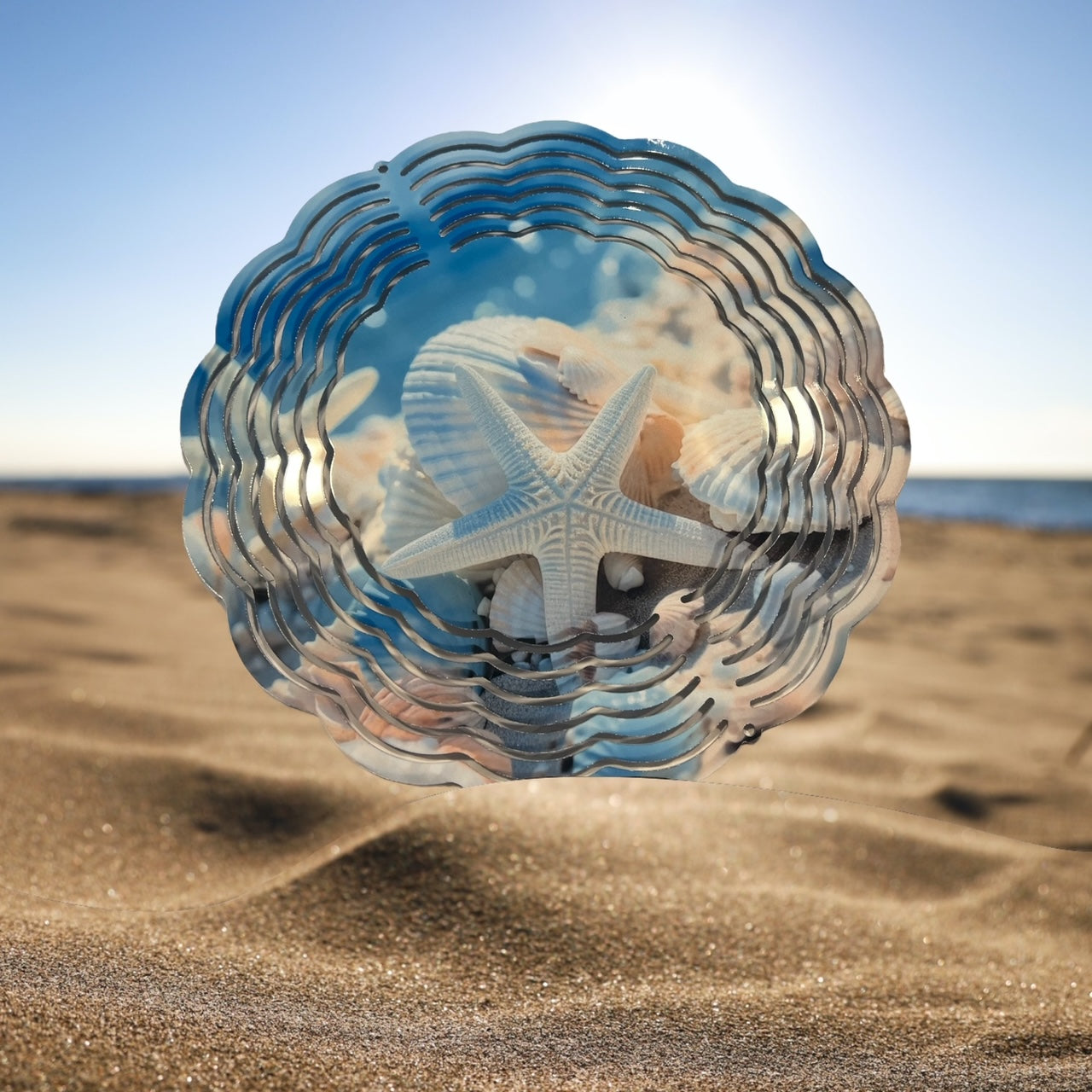 8" Colorful Starfish & Seashells Wind Spinner Yard Decor with Vibrant Colors & Crystal Accent