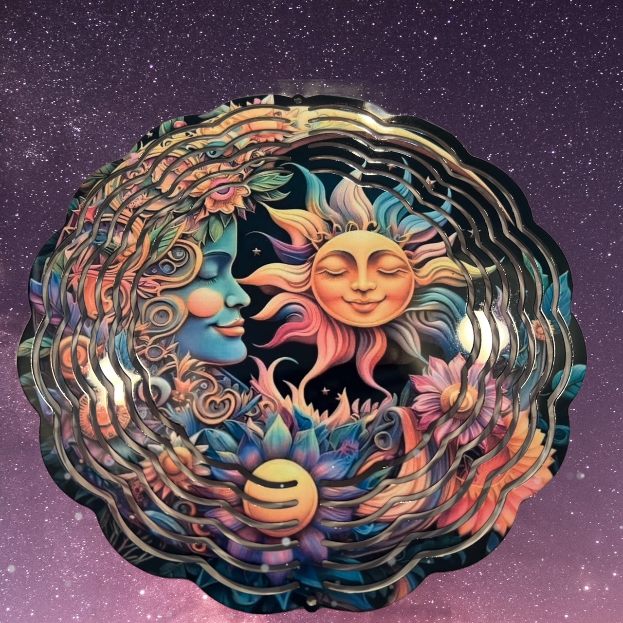 8" Colorful Sun & Moon Wind Spinner Yard Decor with Vibrant Colors & Crystal Accent