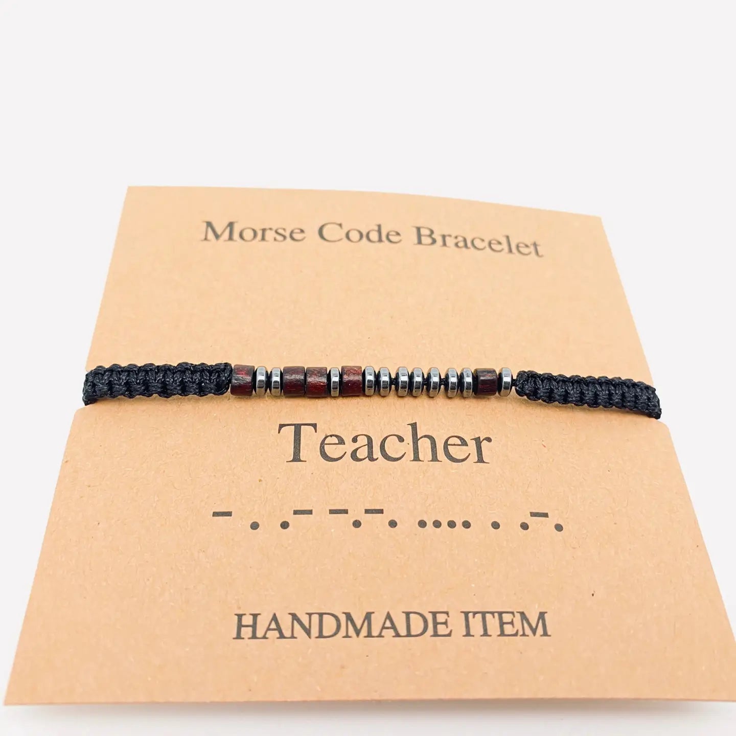 Multi-Style Hand-Woven Wood Bead Morse Code Bracelet - Teacher