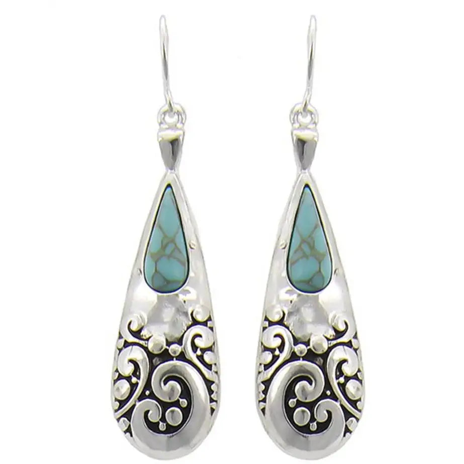 Turquoise Stone Filigree Teardrop Dangle Earrings